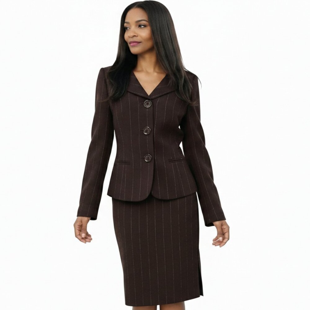 Tahari - Brown Pinstripe 2-Piece Skirt Suit